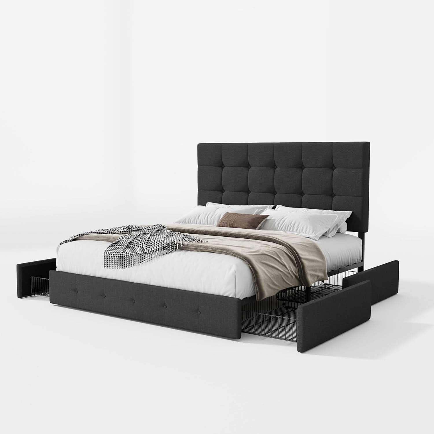 Upholstered Queen Platform Bed Frame With 4 Storage Drawers
