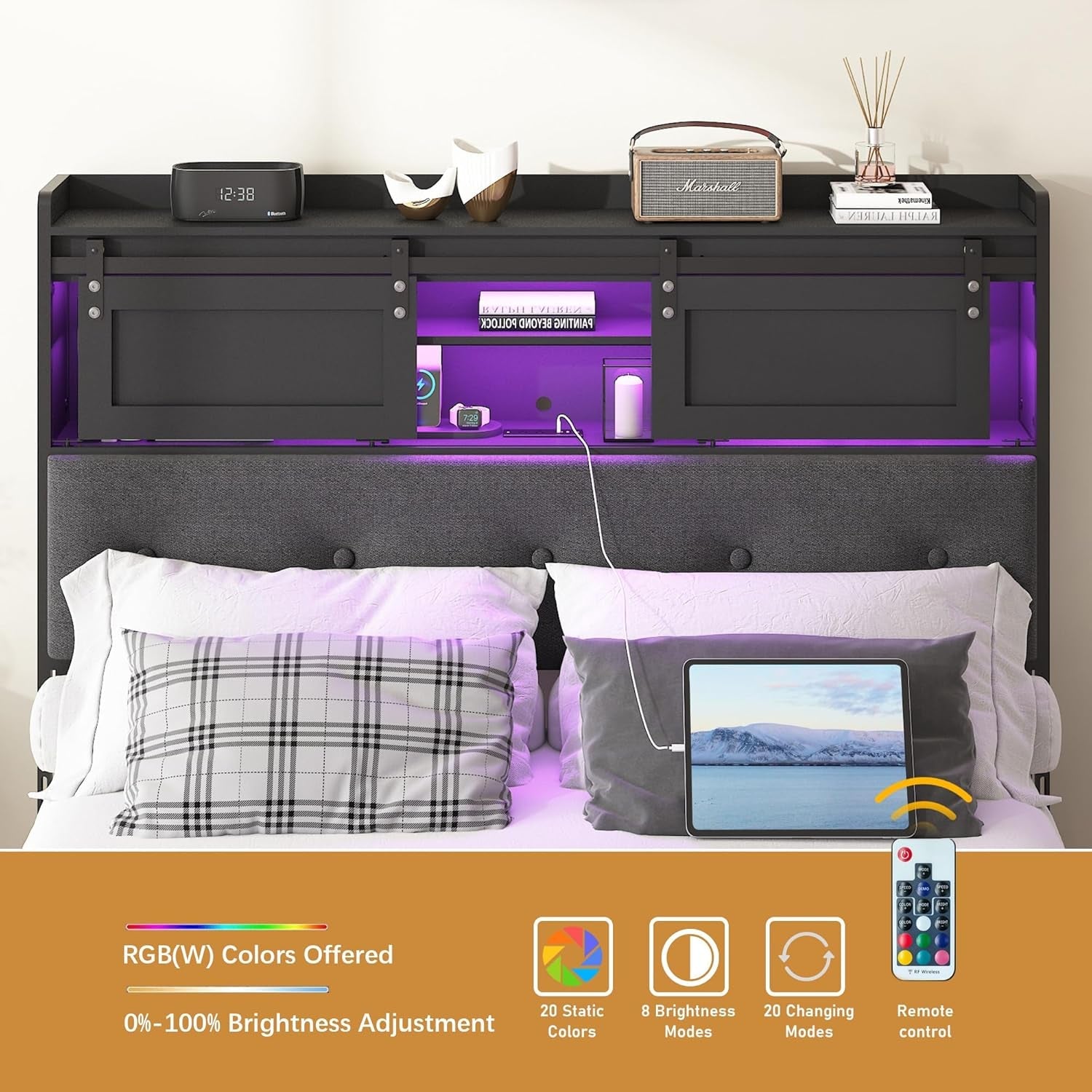 Upholstered Queen Size Headboard with Storage and LED