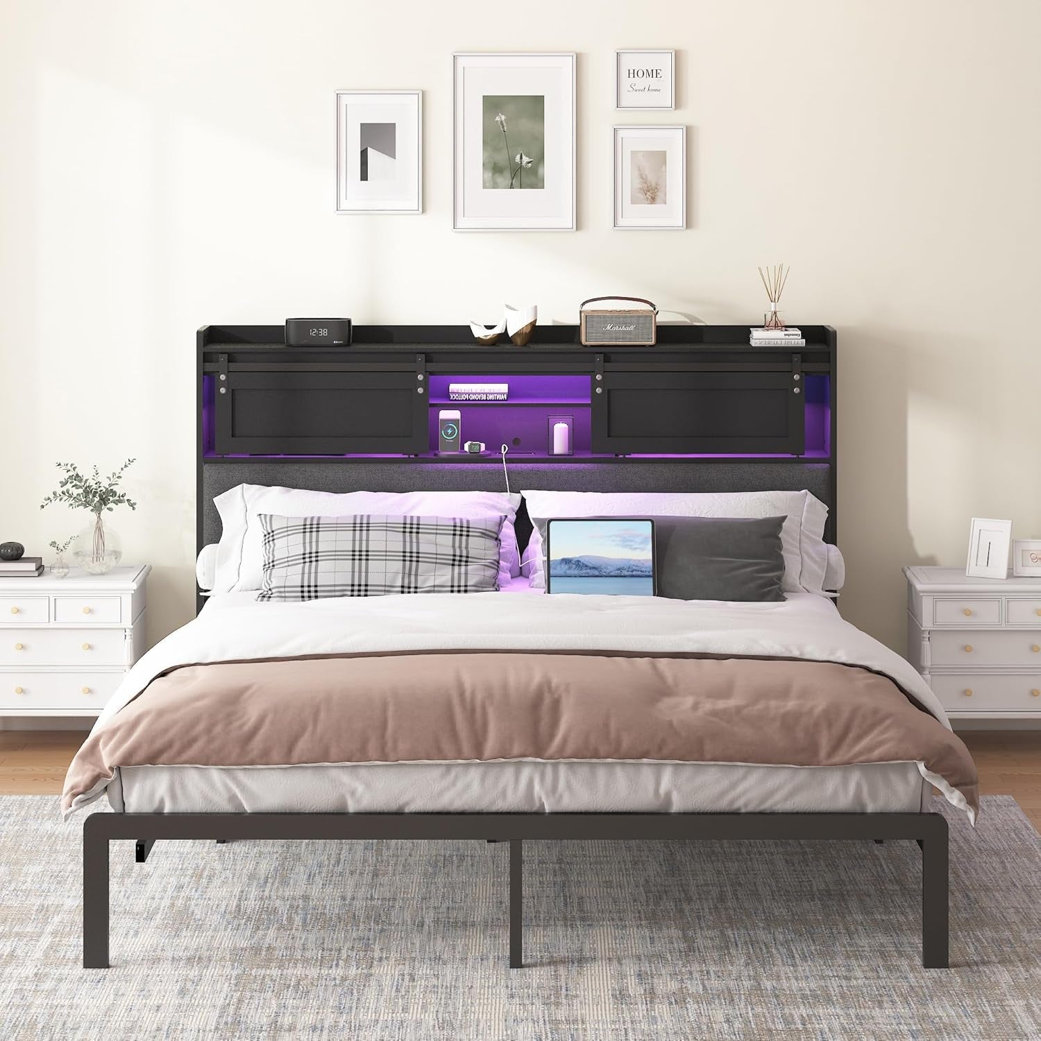 Upholstered Queen Size Headboard with Storage and LED