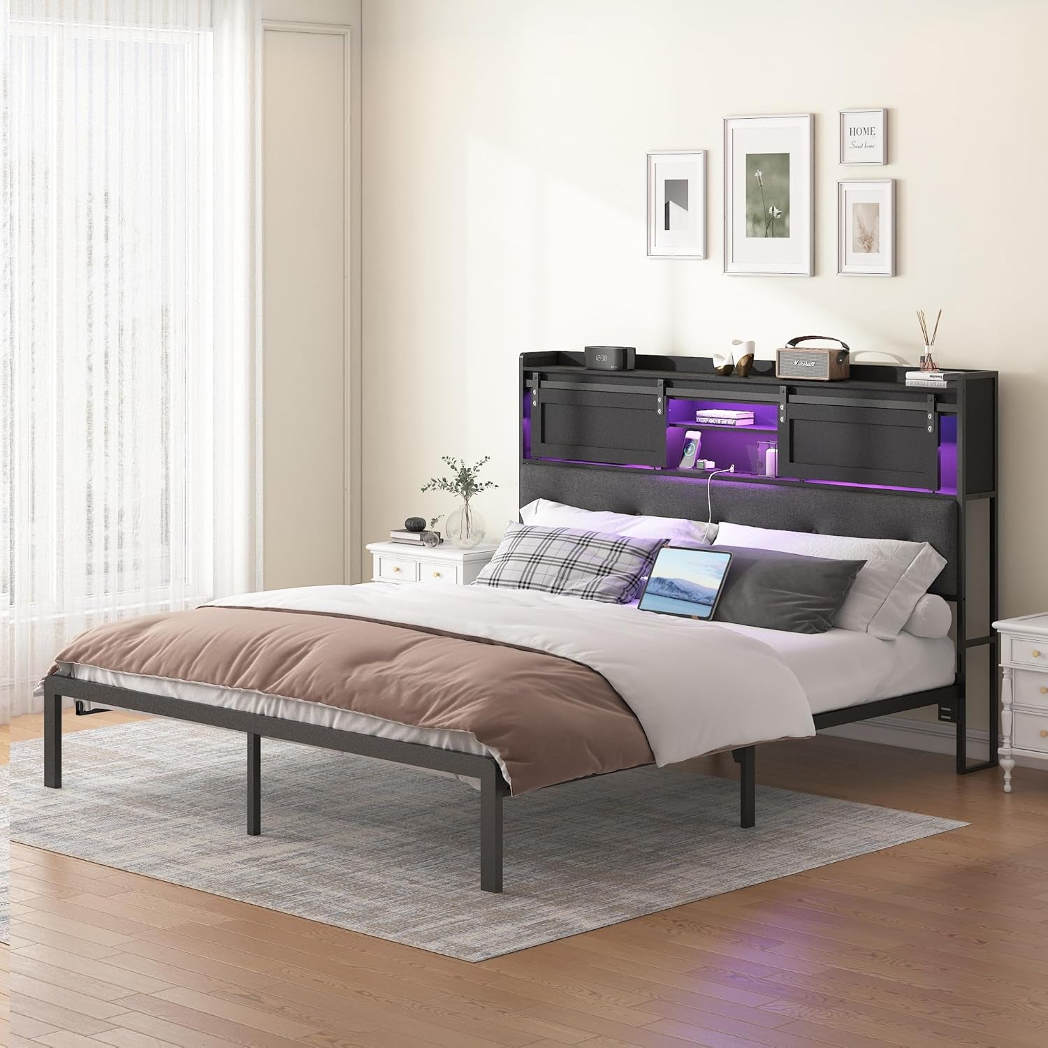Upholstered Queen Size Headboard with Storage and LED