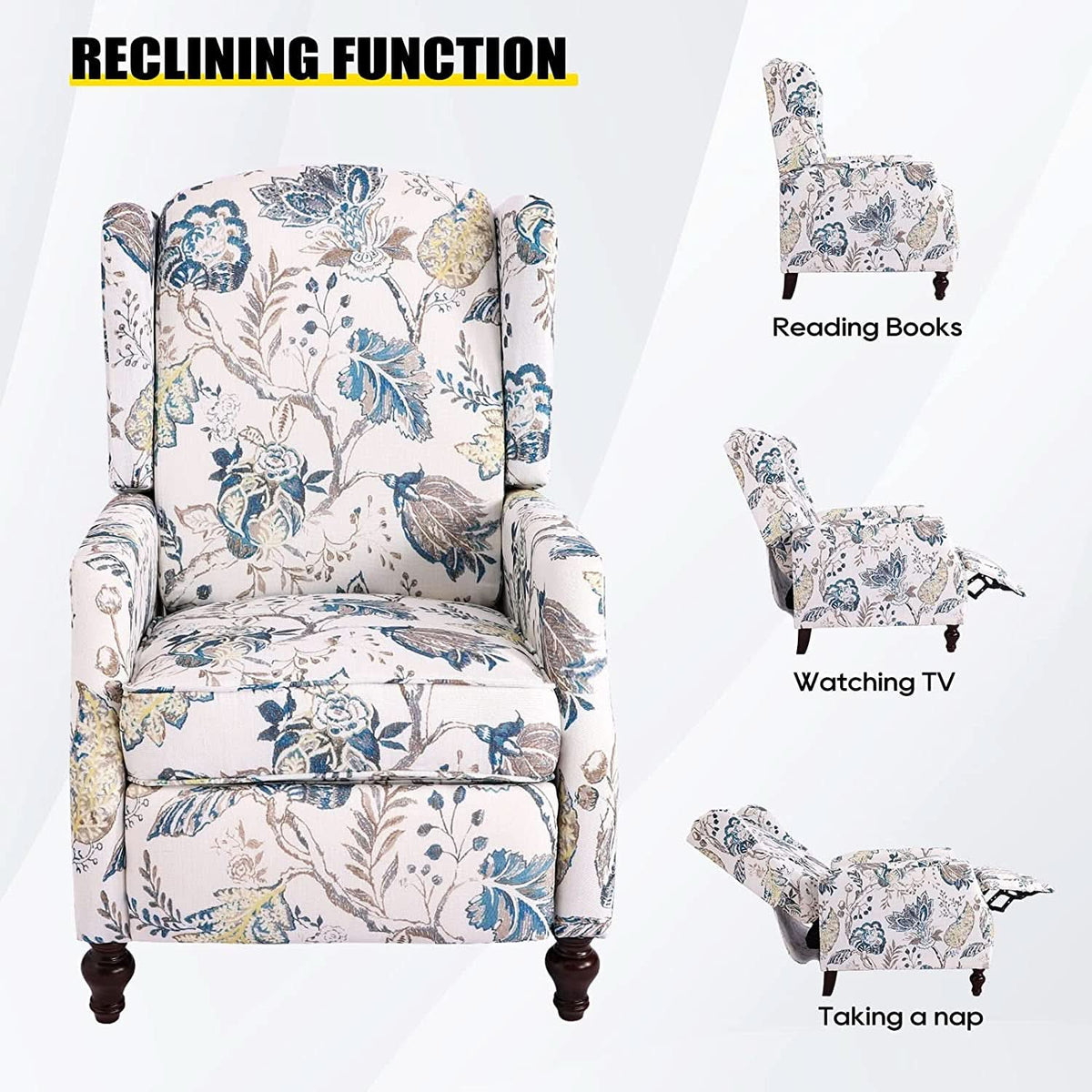 Upholstered Wingback Recliner Chair Blue Floral Elegant
