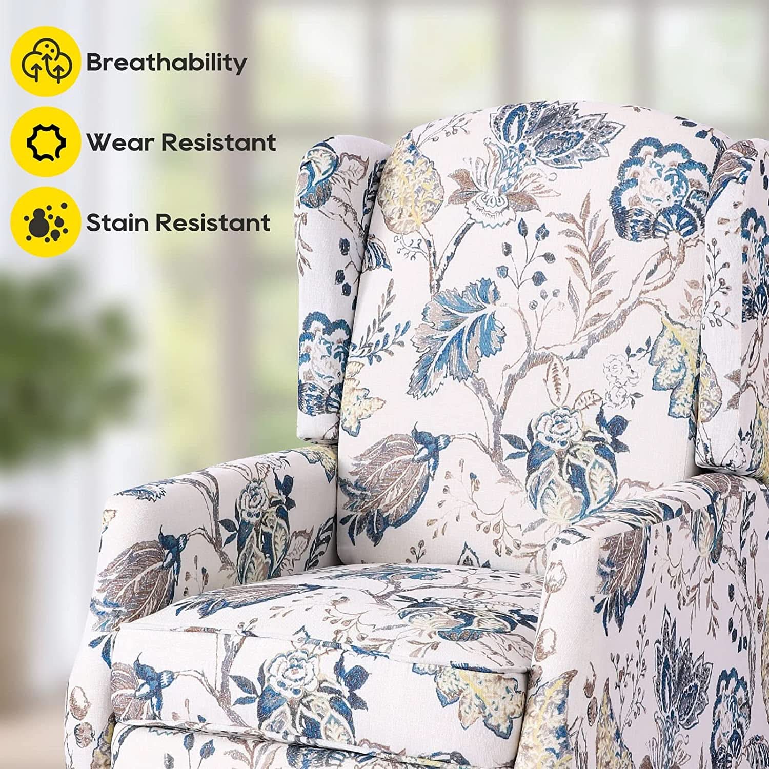 Upholstered Wingback Recliner Chair Blue Floral Elegant