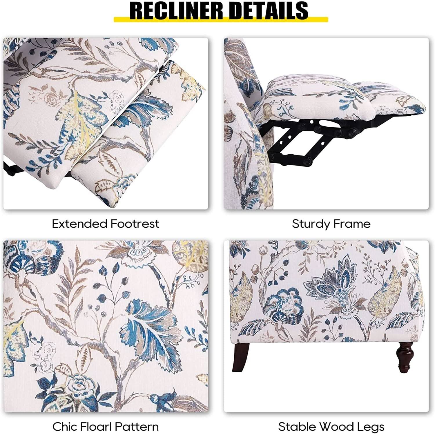 Upholstered Wingback Recliner Chair Blue Floral Elegant