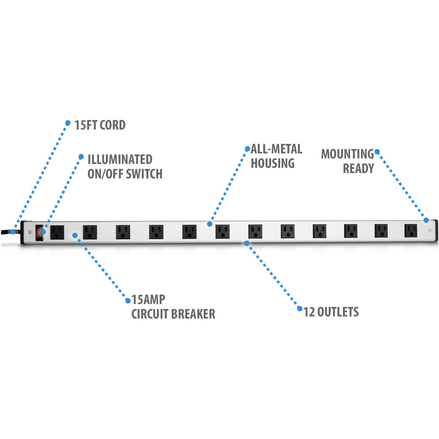 V7 12-Outlet Horizontal Industrial Metal Power Strip 125V, 15A, 15-ft Cord, 5-15R PWS3312-1N