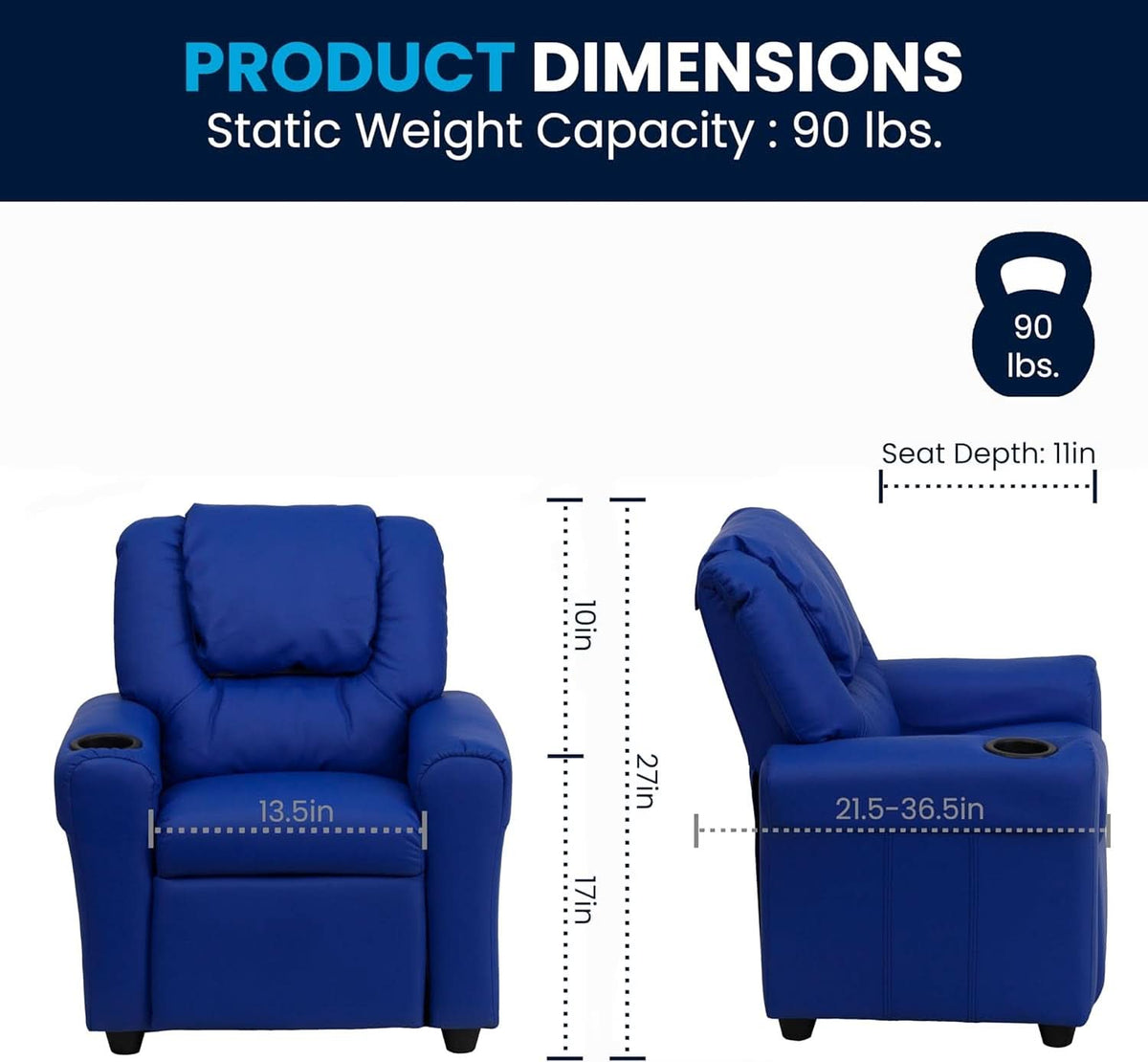 Vana Vinyl Kids Recliner Blue With Cup Holder And Headrest