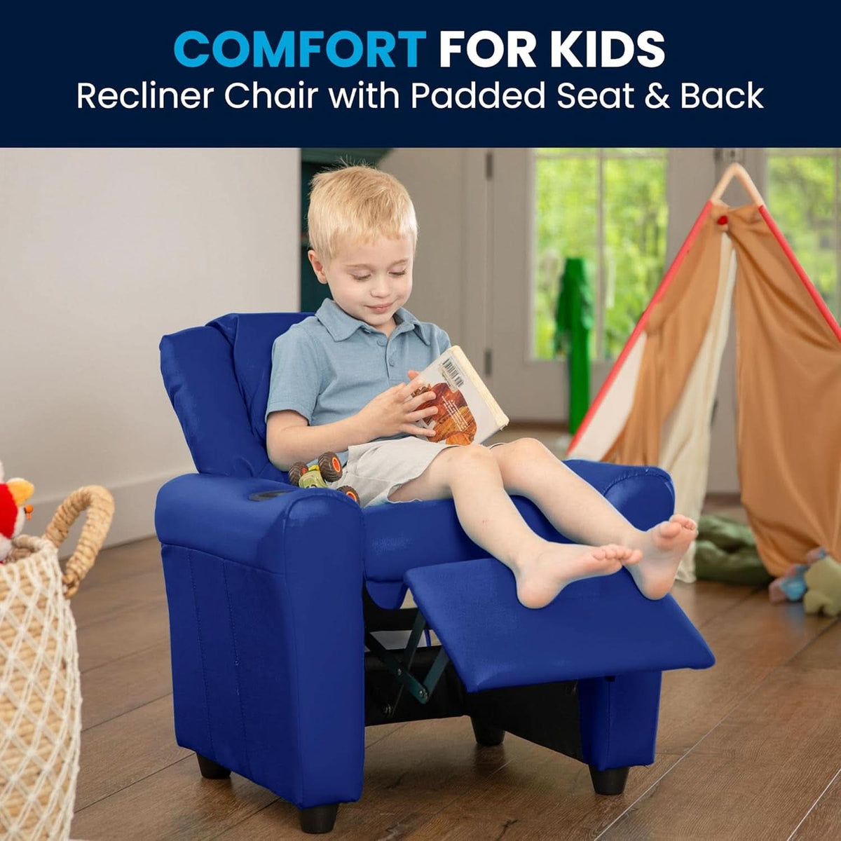 Vana Vinyl Kids Recliner Blue With Cup Holder And Headrest