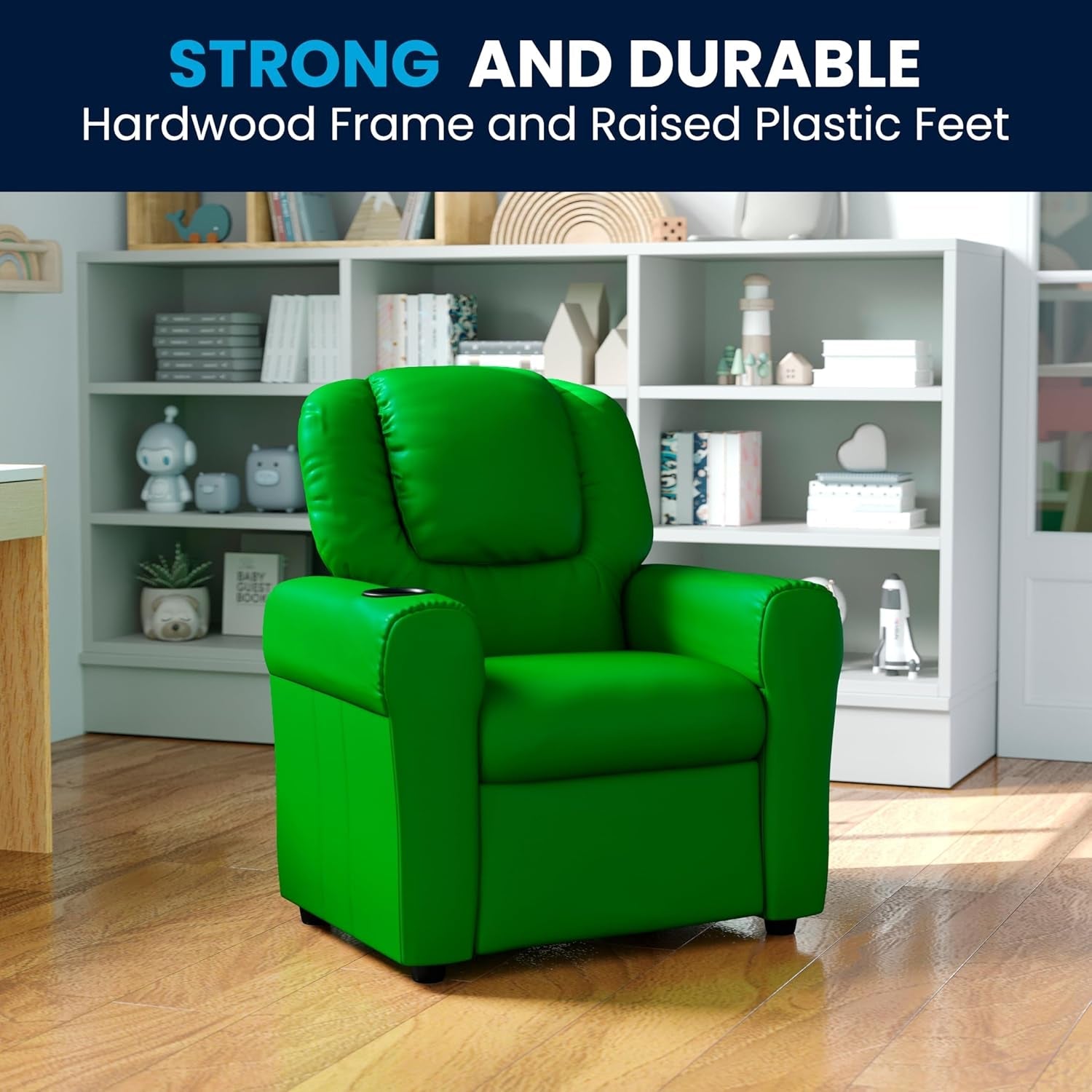 Vana Vinyl Kids Recliner With Cup Holder And Headrest Green