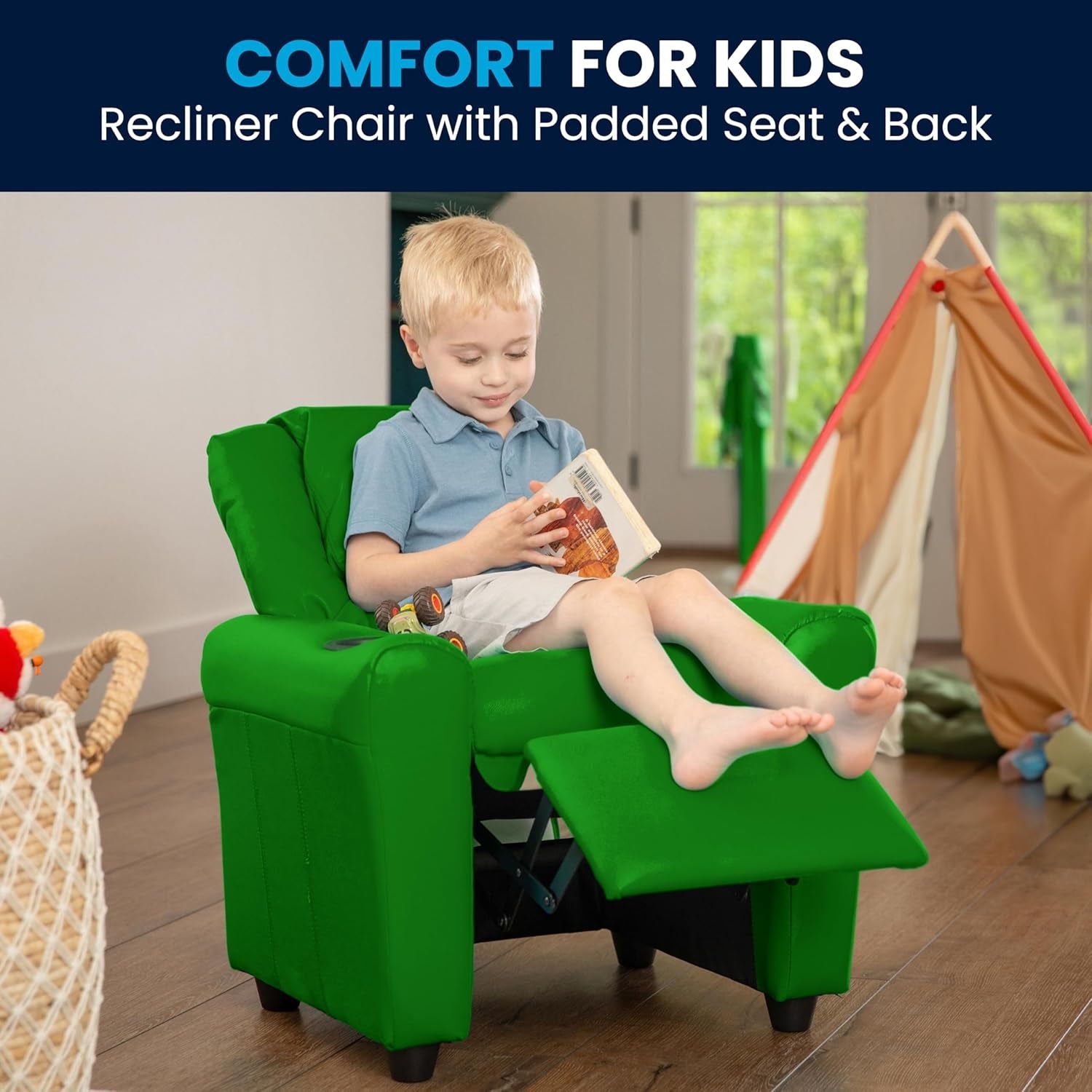 Vana Vinyl Kids Recliner With Cup Holder And Headrest Green