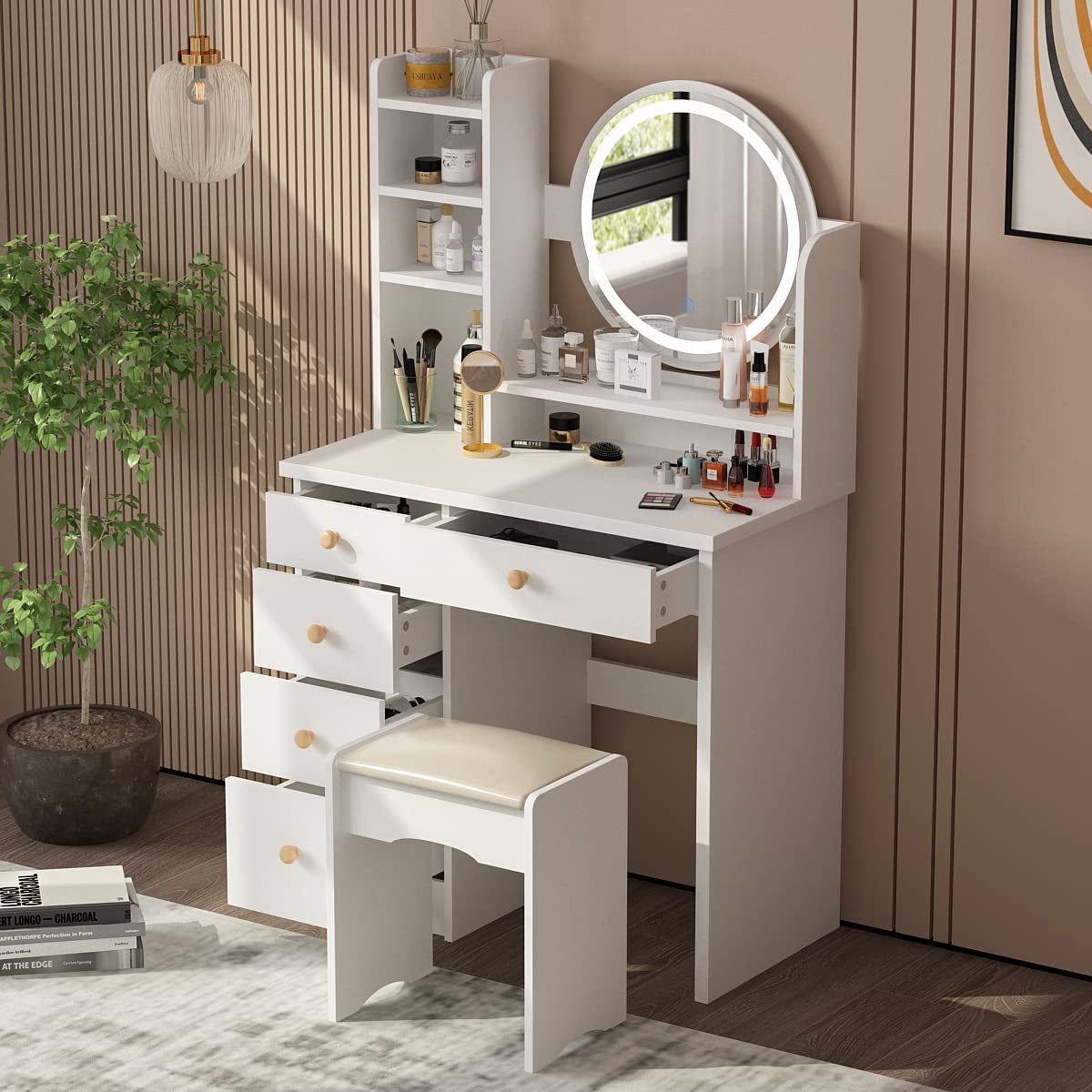 Vanity Desk Set With Lighted Mirror And Jewelry Organizer