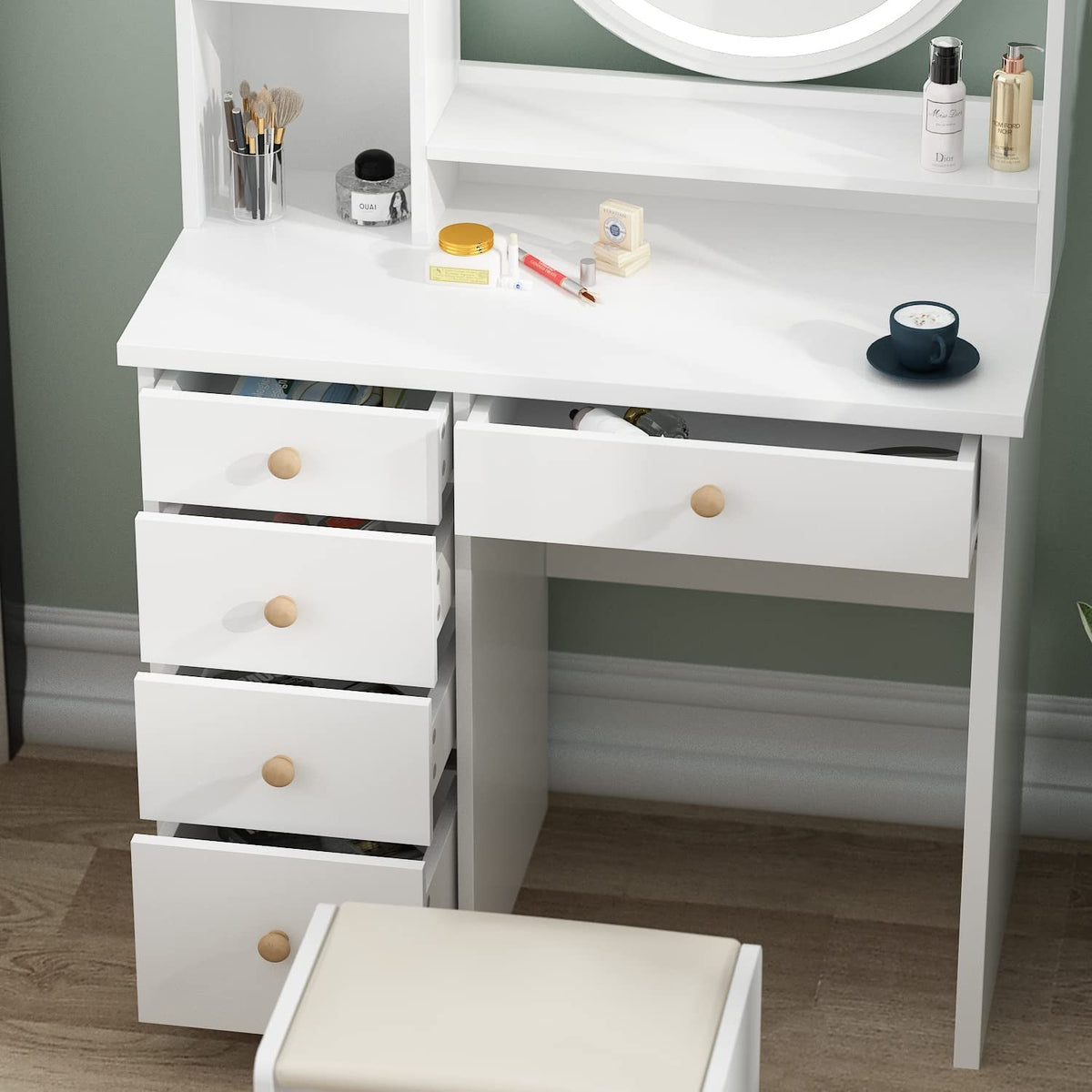 Vanity Desk Set With Lighted Mirror And Jewelry Organizer