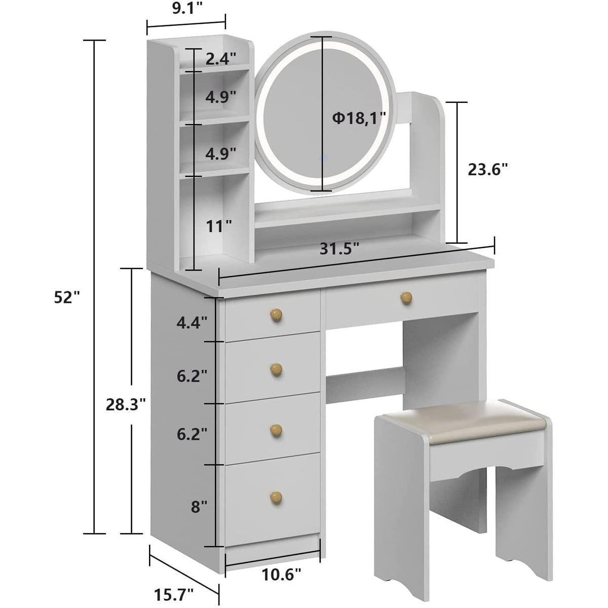 Vanity Desk Set With Lighted Mirror And Jewelry Organizer