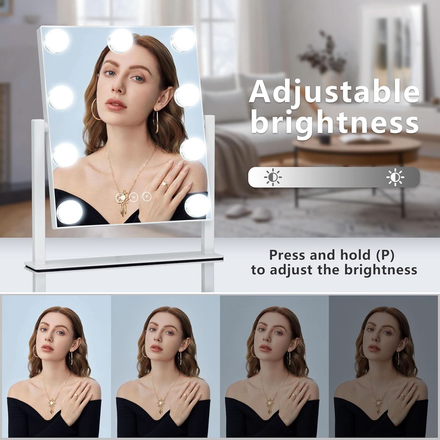 Vanity Mirror With Lights 9 Dimmable Bulbs 3 Color Lighting White