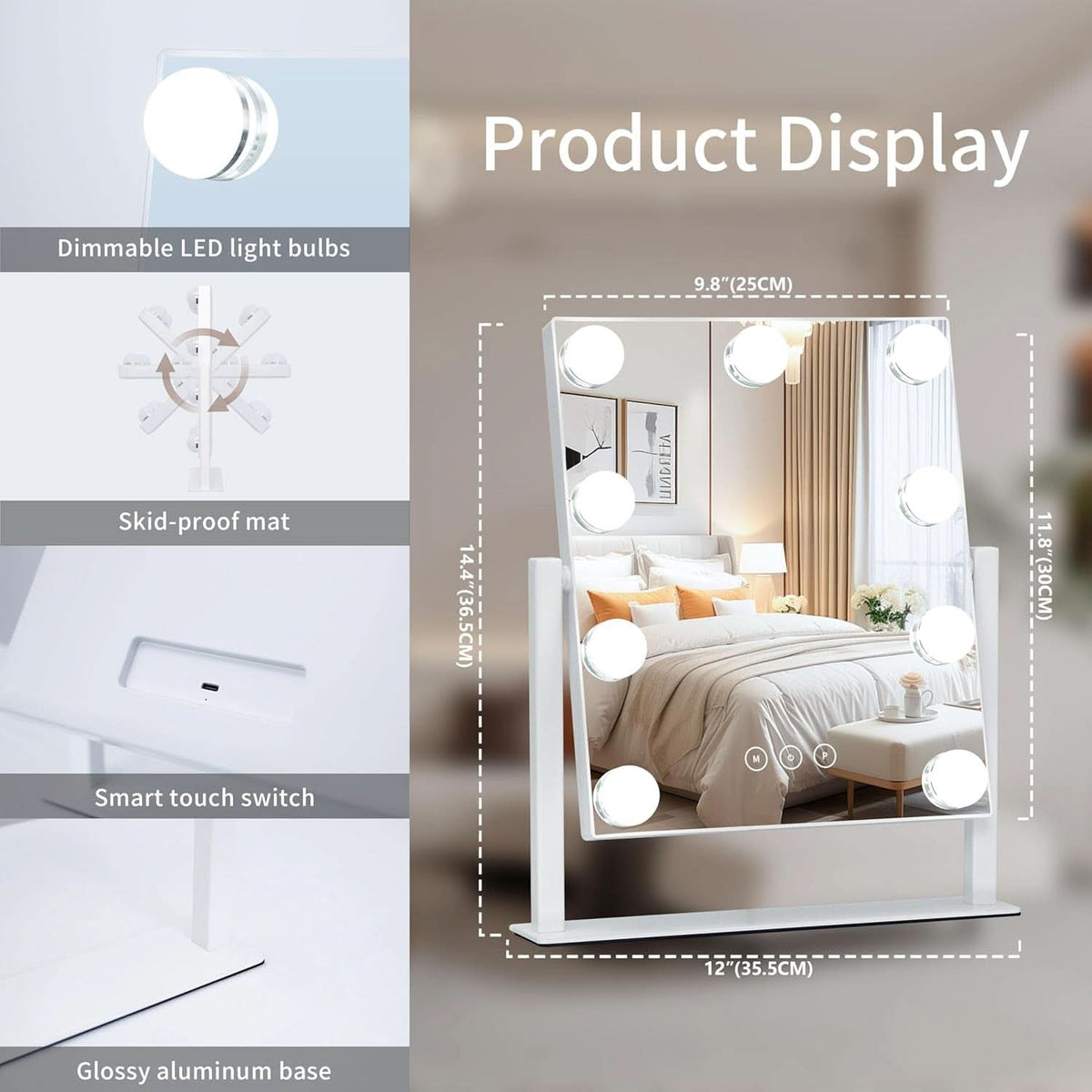 Vanity Mirror With Lights 9 Dimmable Bulbs 3 Color Lighting White
