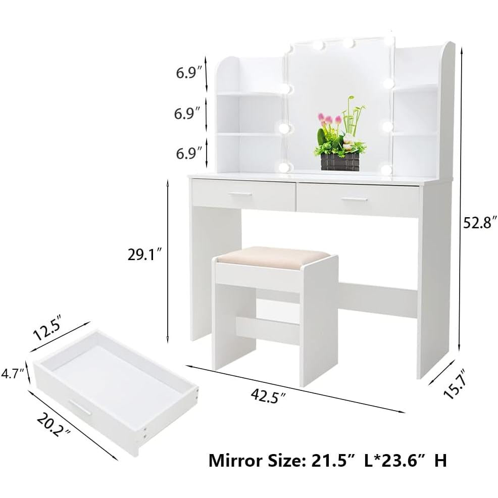 Vanity Set With 10 LED Lights White For Bedroom Makeup