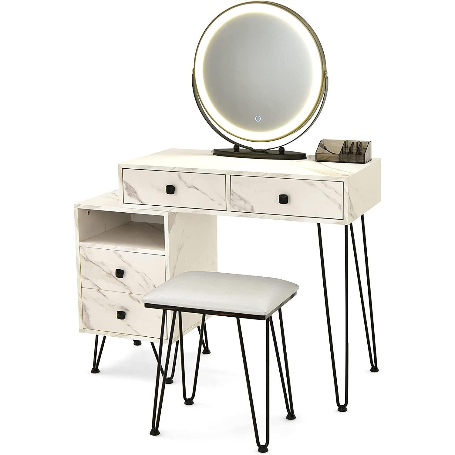 Vanity Set With Lighted Mirror Marble White Cabinet