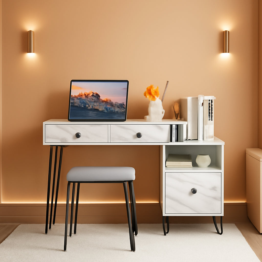 Vanity Set With Lighted Mirror Marble White Cabinet