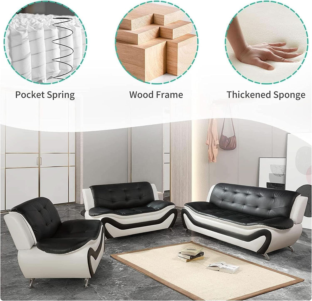 Vegan Leather Sofa Set 3 Piece Living Room Furniture White and Black