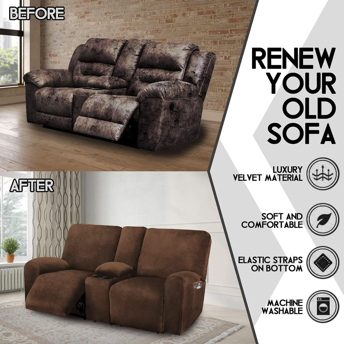 Velvet 8-Piece Reclining Loveseat Cover In Chocolate