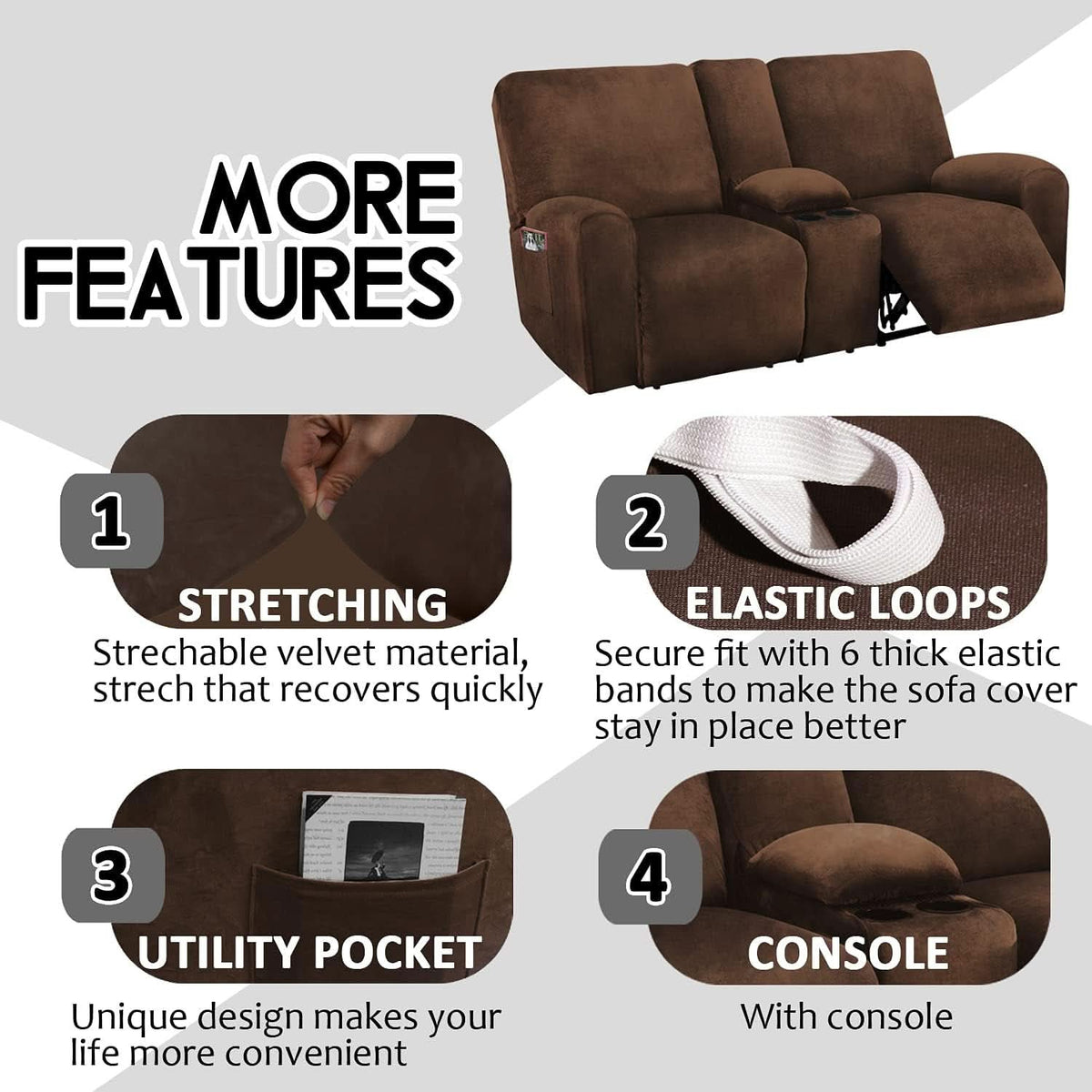 Velvet 8-Piece Reclining Loveseat Cover In Chocolate