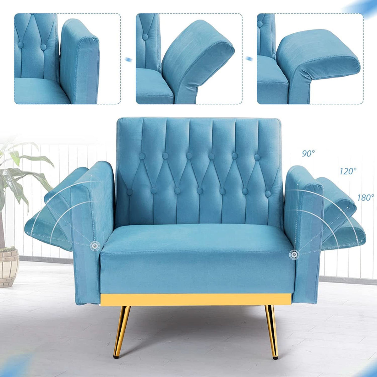 Velvet Adjustable Armchair With Ottoman In Baby Blue