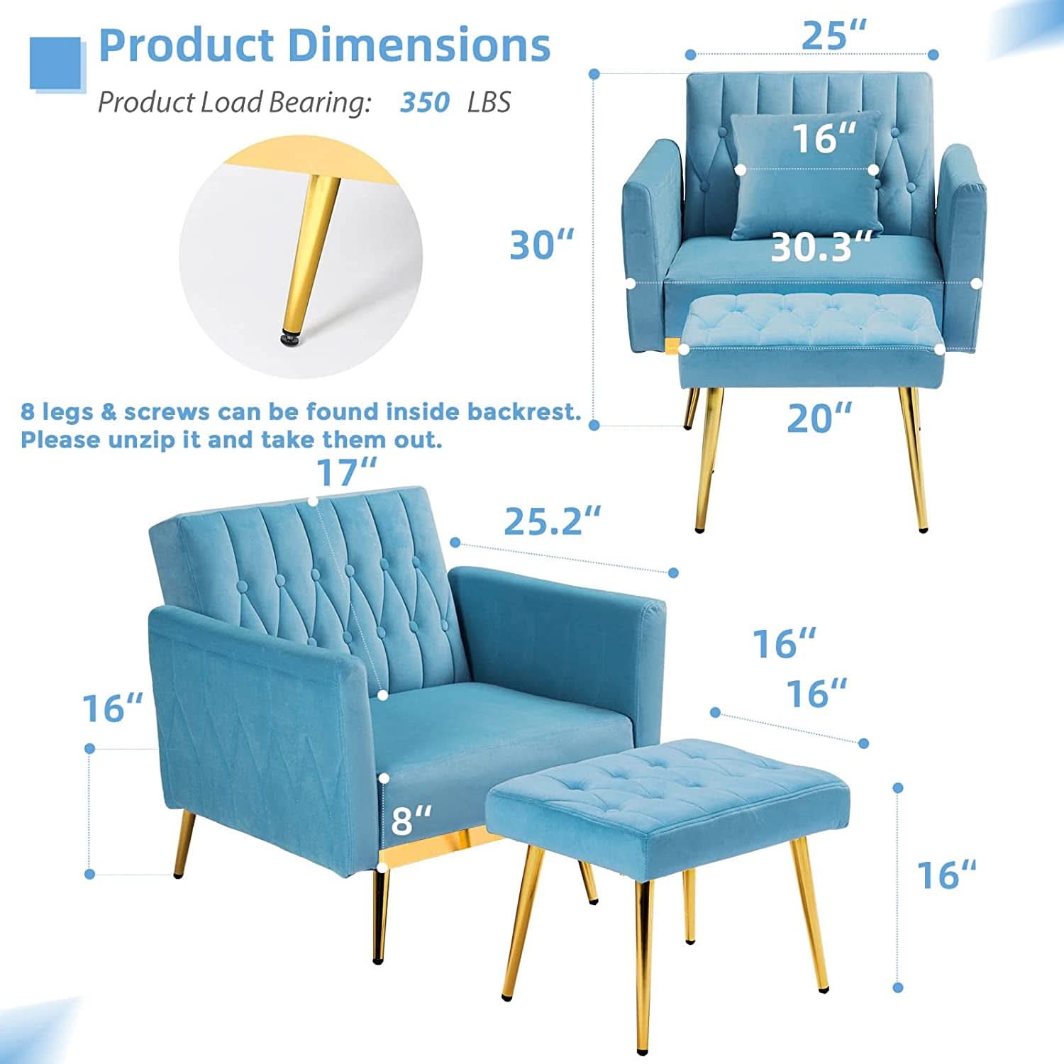 Velvet Adjustable Armchair With Ottoman In Baby Blue