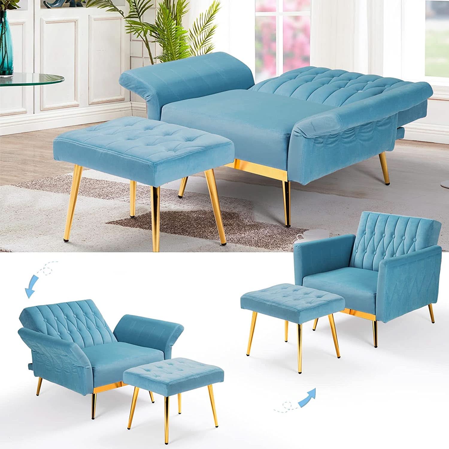 Velvet Adjustable Armchair With Ottoman In Baby Blue