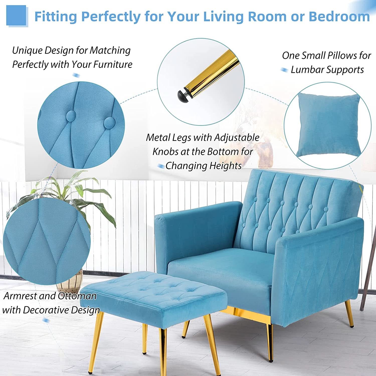 Velvet Adjustable Armchair With Ottoman In Baby Blue