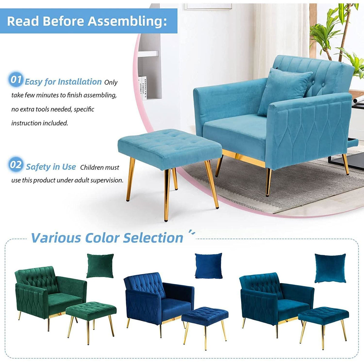 Velvet Adjustable Armchair With Ottoman In Baby Blue