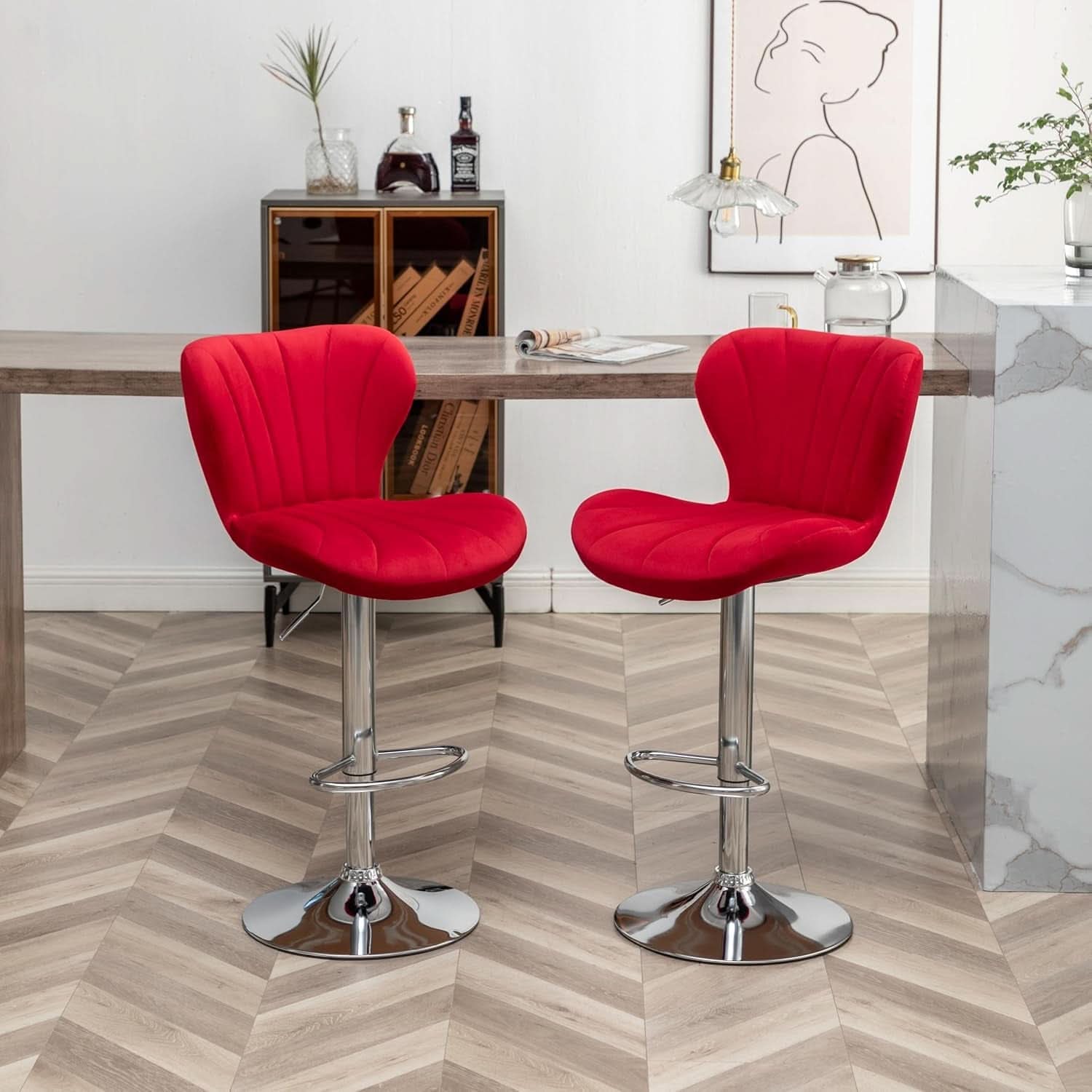 Velvet Adjustable Swivel Bar Stool Set Of 2 In Red