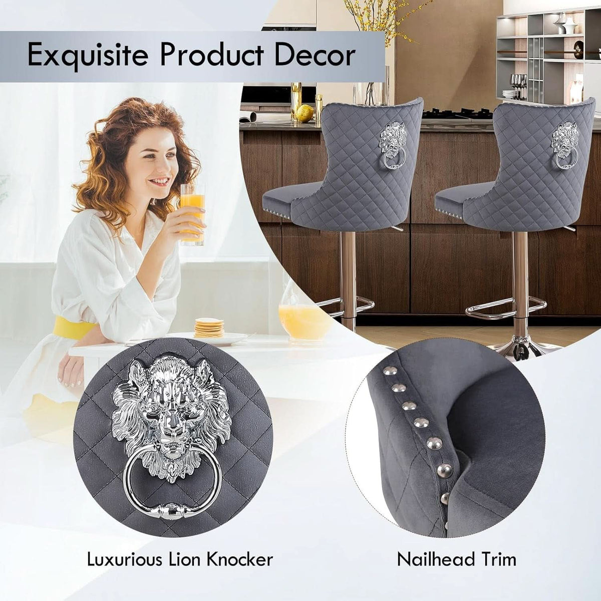 Velvet Adjustable Swivel Bar Stools Dark Grey Set Of 4