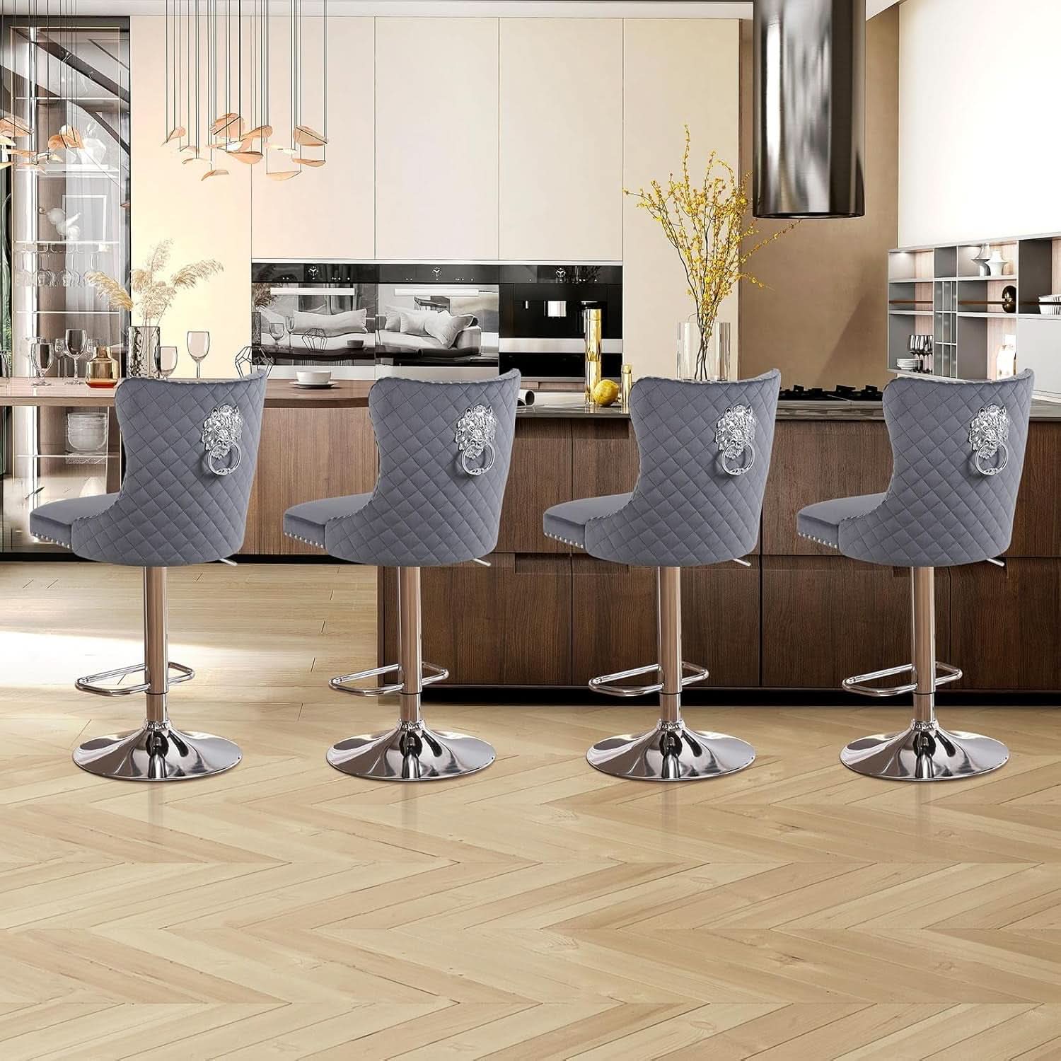 Velvet Adjustable Swivel Bar Stools Dark Grey Set Of 4