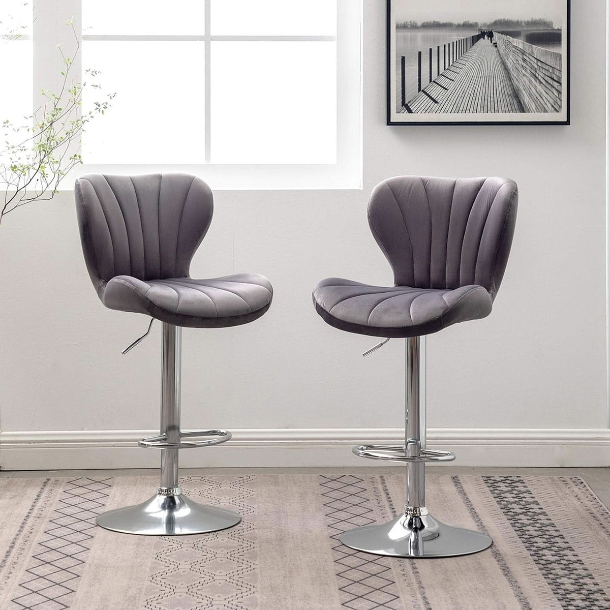 Velvet Adjustable Swivel Barstools Gray Set of Two