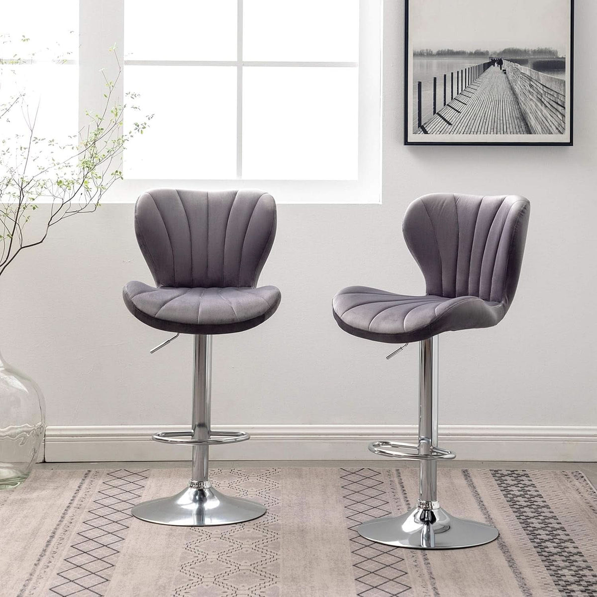 Velvet Adjustable Swivel Barstools Gray Set of Two