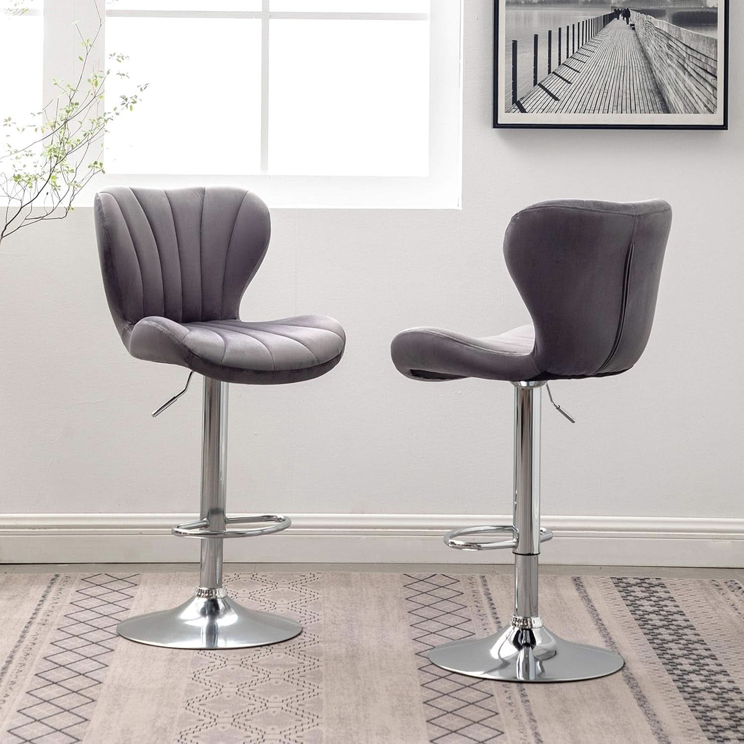 Velvet Adjustable Swivel Barstools Gray Set of Two