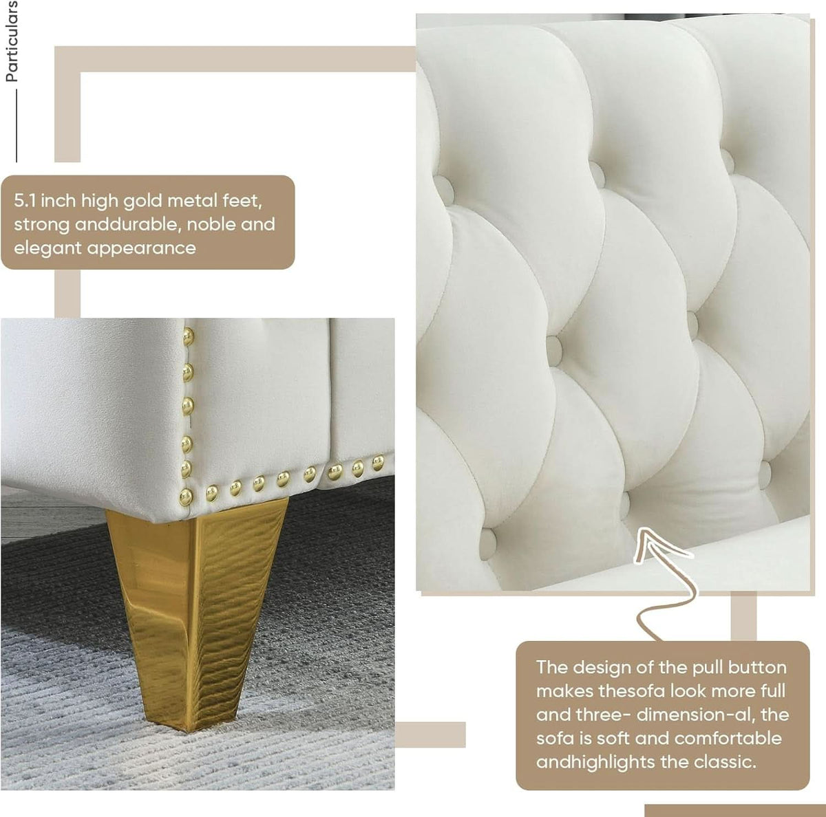 Velvet Beige 80-Inch Sofa Set With 58-Inch Loveseat And Gold Nail Heads