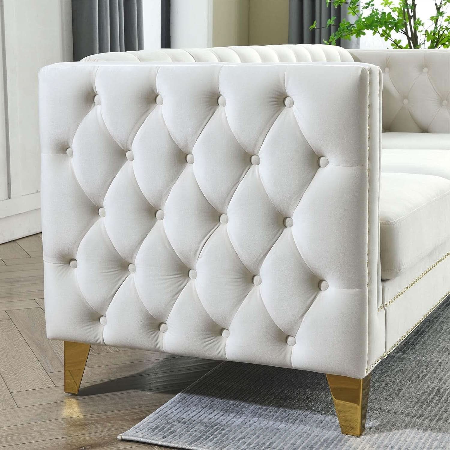 Velvet Beige 80-Inch Sofa Set With 58-Inch Loveseat And Gold Nail Heads