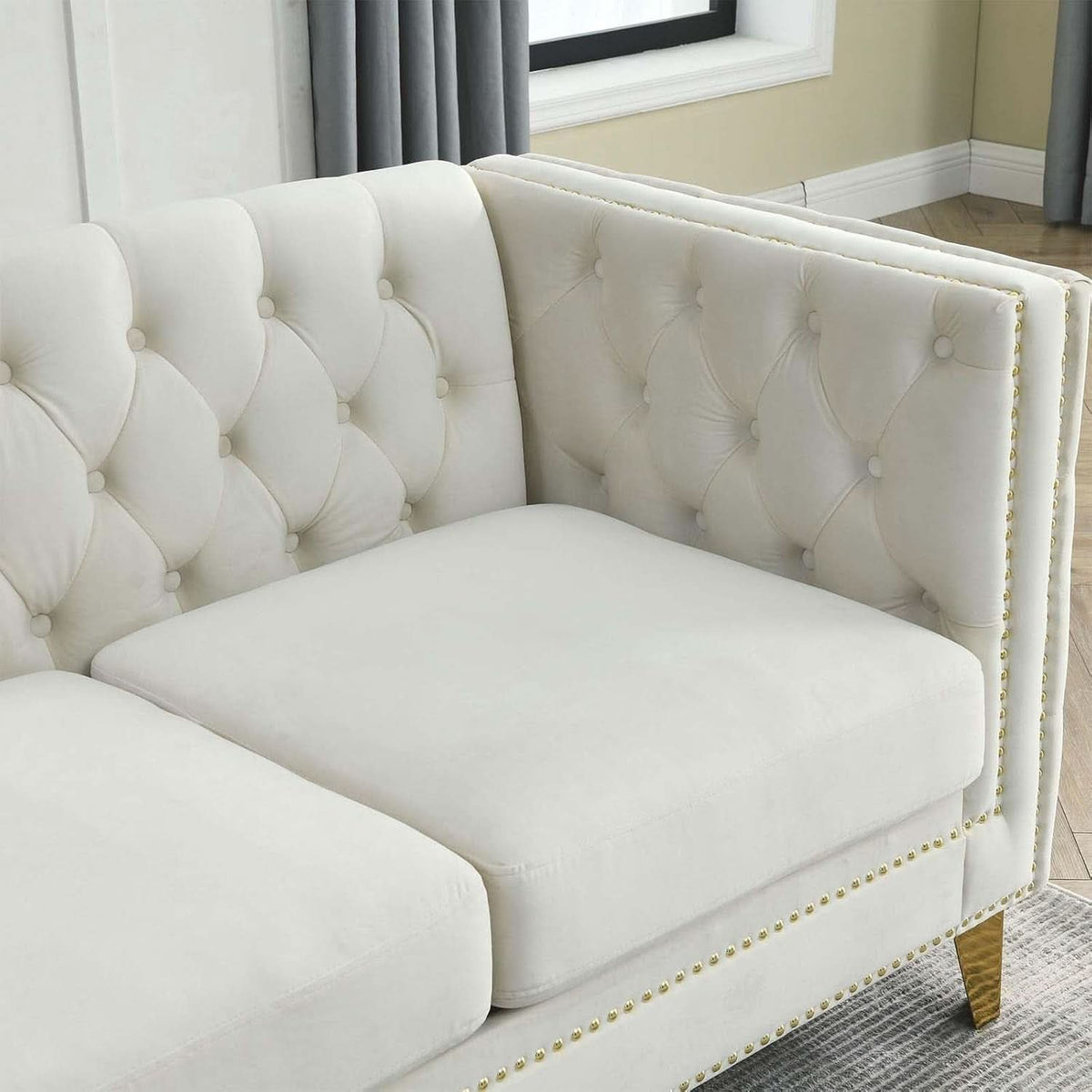 Velvet Beige 80-Inch Sofa Set With 58-Inch Loveseat And Gold Nail Heads