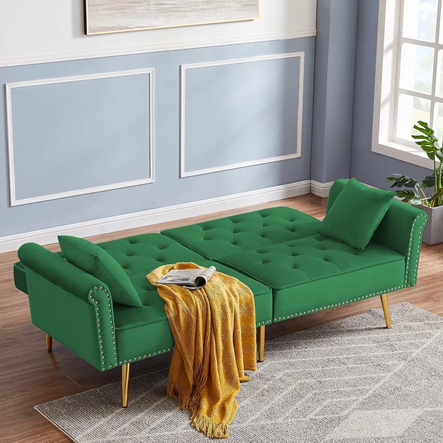 Velvet Convertible Sofa Bed Sleeper With Nailhead Trim
