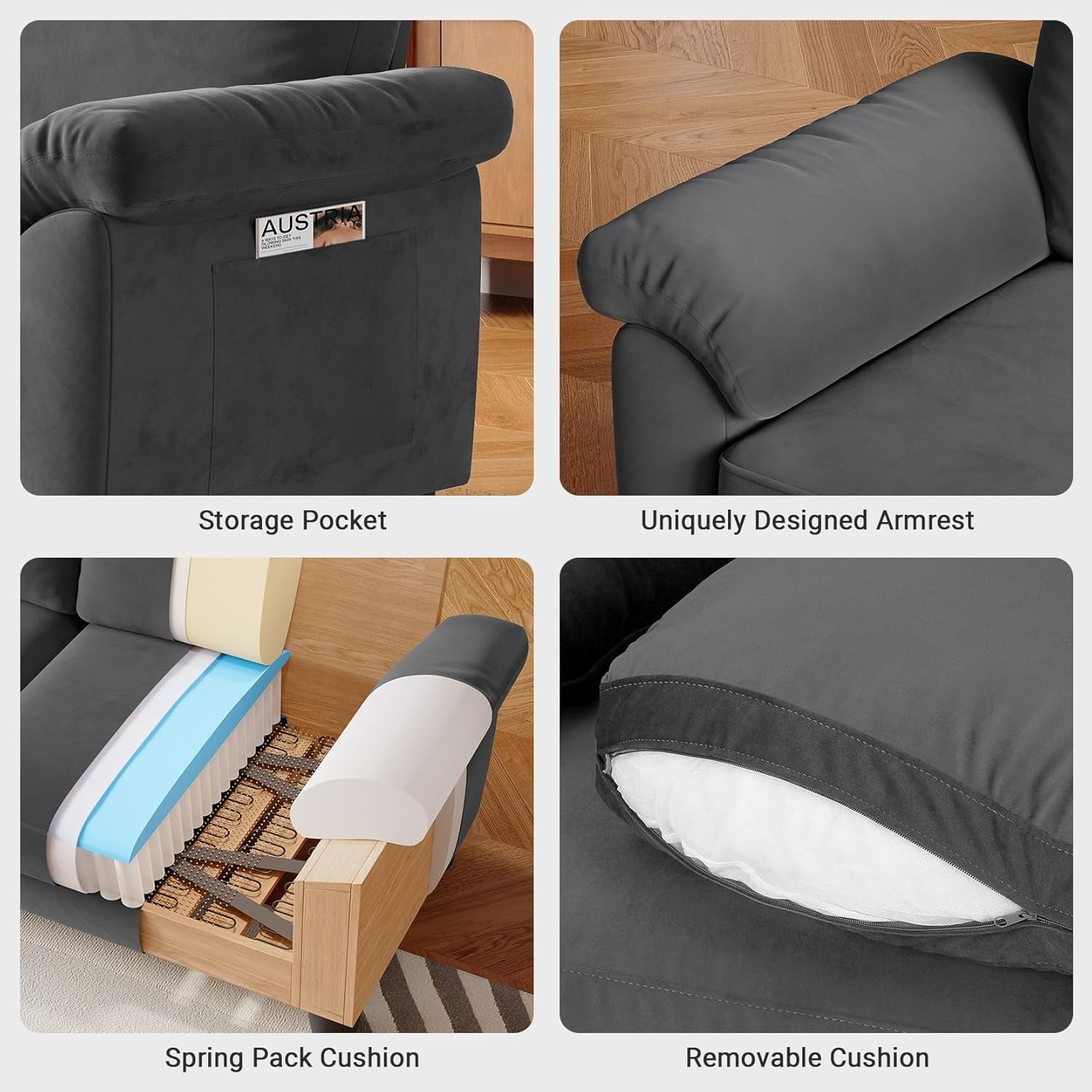 Velvet Deep Couch for Small Spaces with Storage