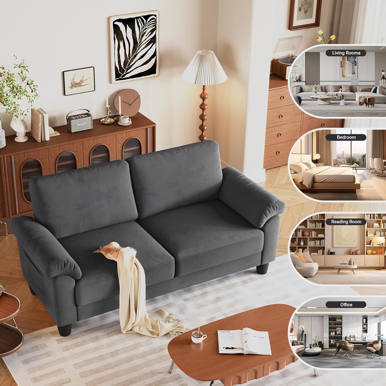 Velvet Deep Couch for Small Spaces with Storage