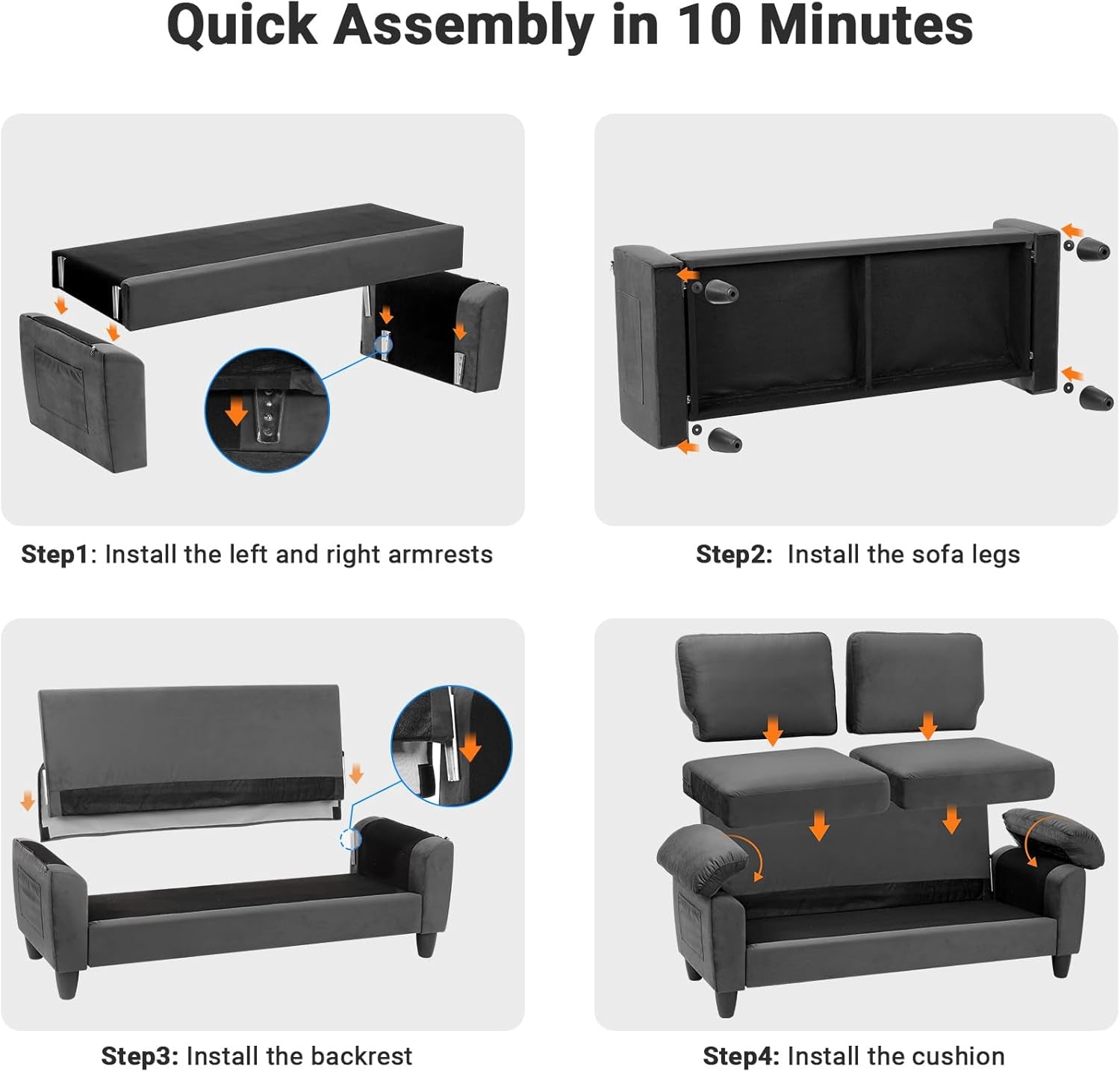 Velvet Deep Couch for Small Spaces with Storage