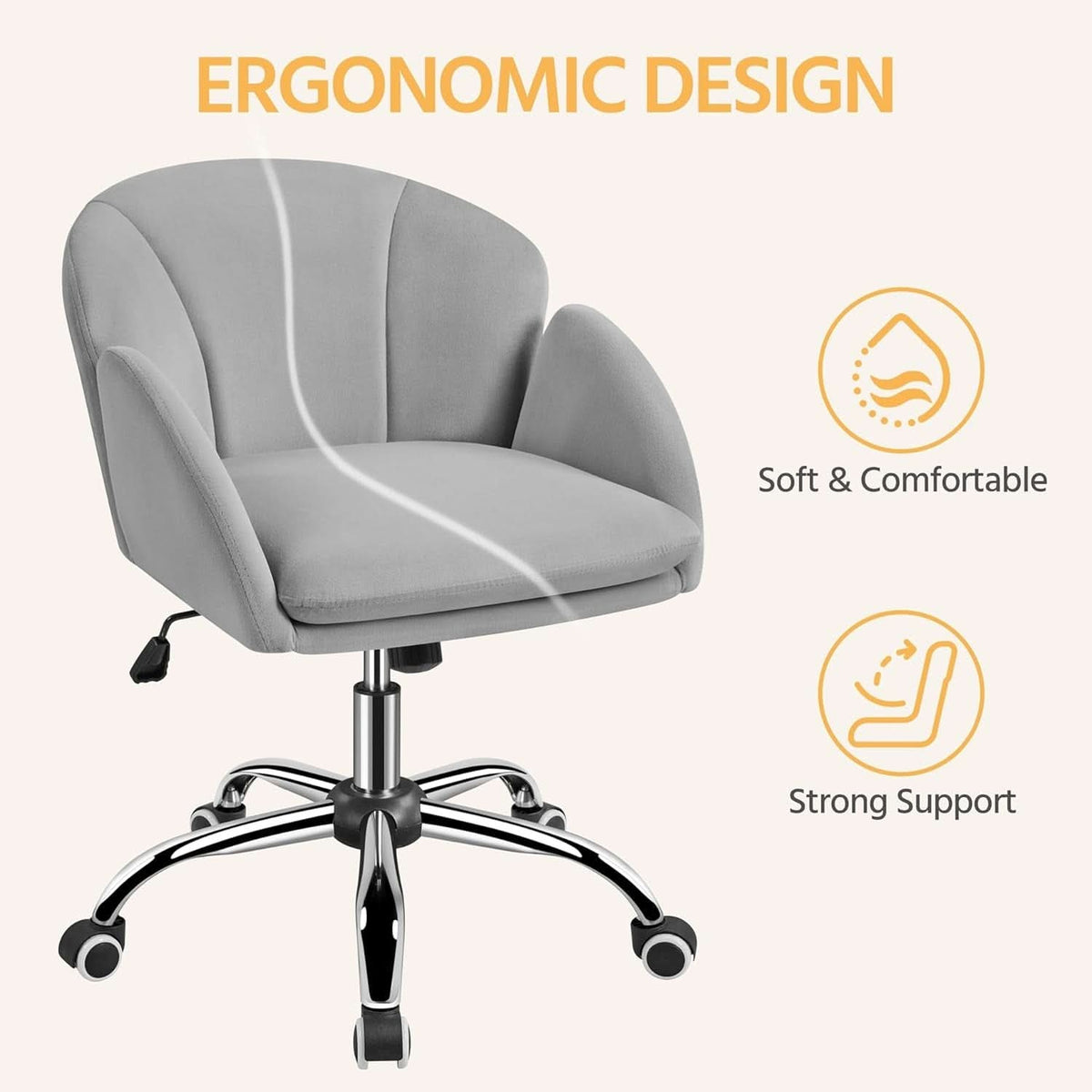 Velvet Desk Chair Armrests Light Gray Modern Office Chair