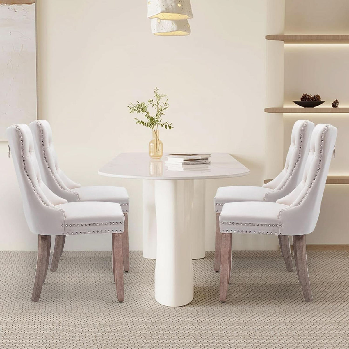 Velvet Dining Chairs Beige Nailhead Trim Set Of Four