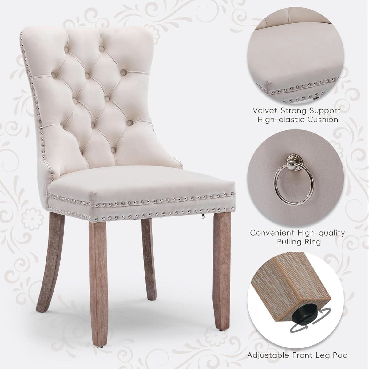 Velvet Dining Chairs Beige Nailhead Trim Set Of Four