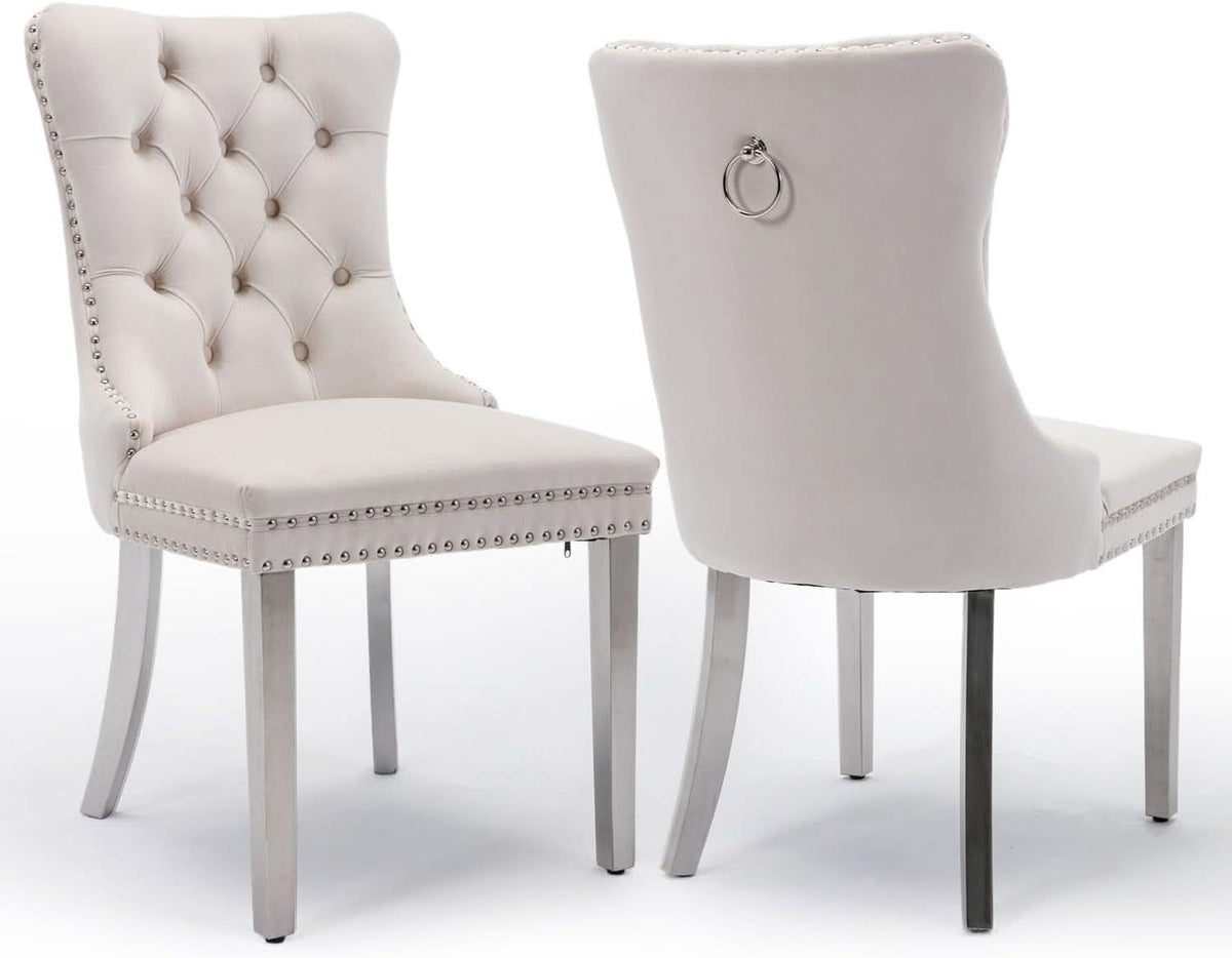 Velvet Dining Chairs Set Of 2 Beige Tufted Upholstered