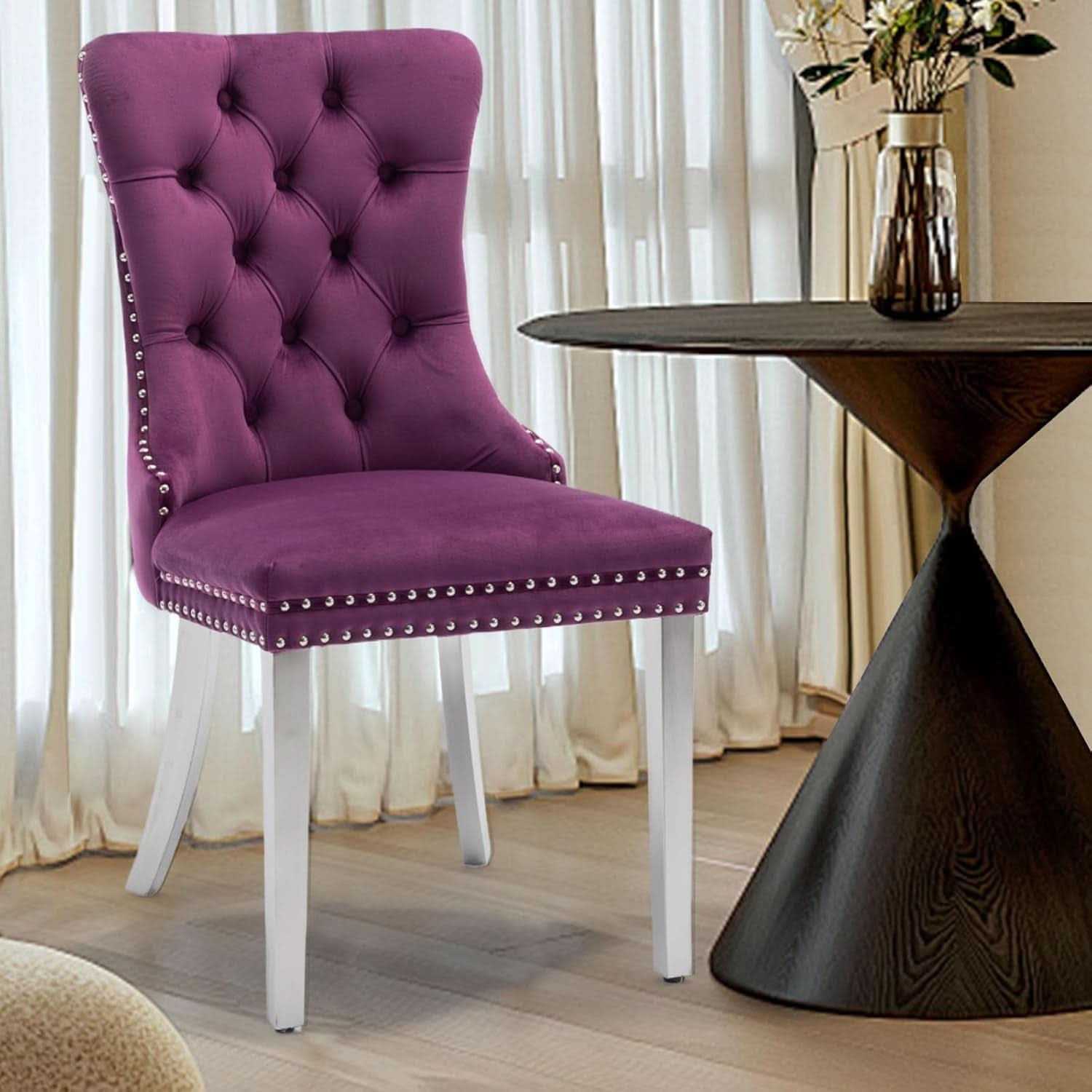 Velvet Dining Chairs Set Of 4 With Nailhead Trim And Silver Plated Legs