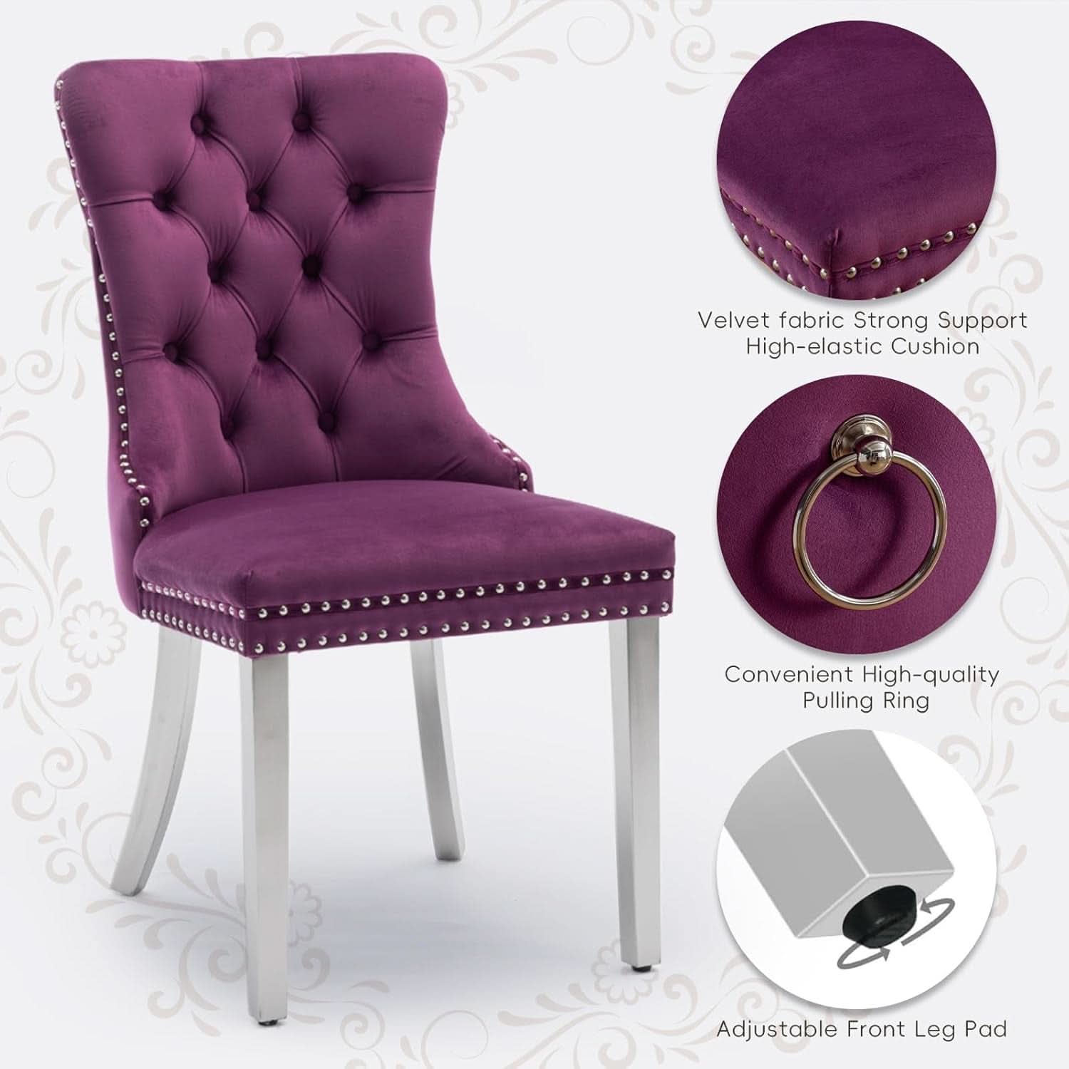 Velvet Dining Chairs Set Of 4 With Nailhead Trim And Silver Plated Legs