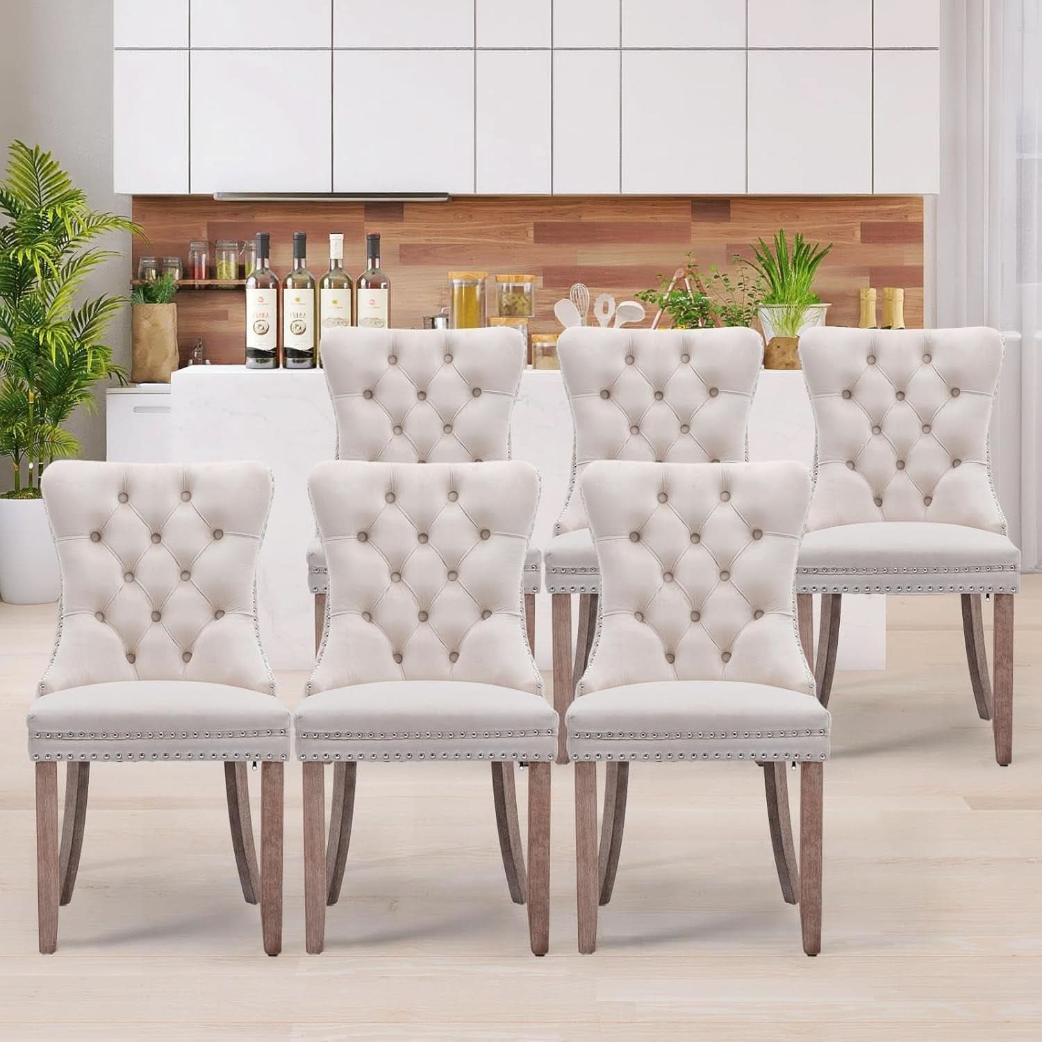 Velvet Dining Chairs Set Of 6 Beige Tufted High Back