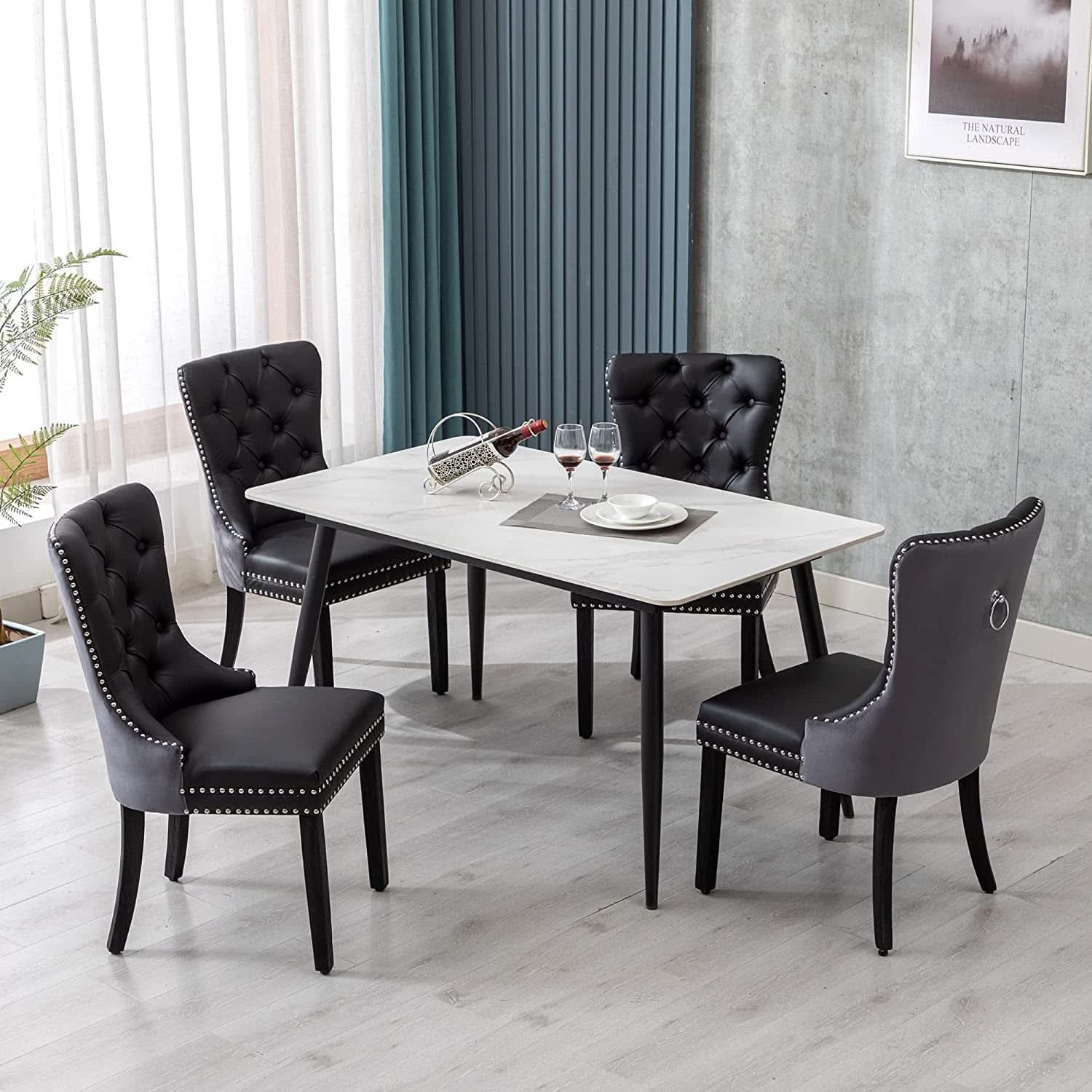 Velvet Dining Chairs Set Of 6 Black And Dark Grey Nailhead Trim
