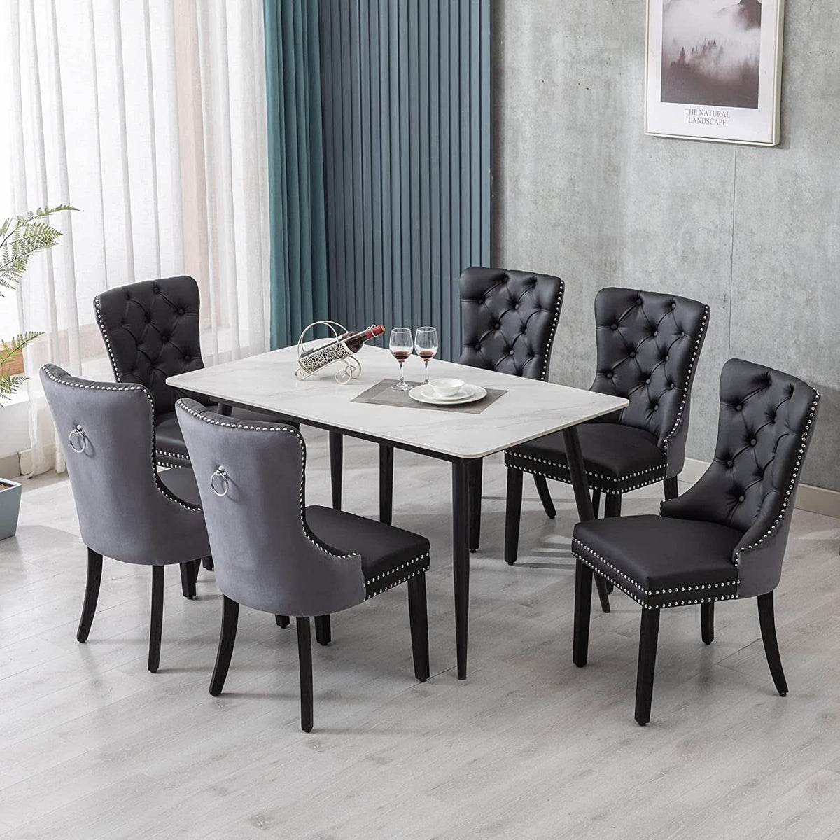 Velvet Dining Chairs Set Of 6 Black And Dark Grey Nailhead Trim